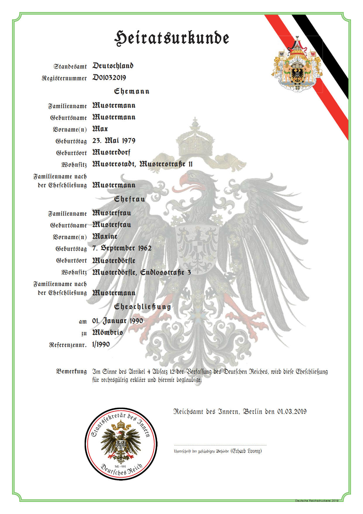 Eheurkunde bzw. Heiratsurkunde